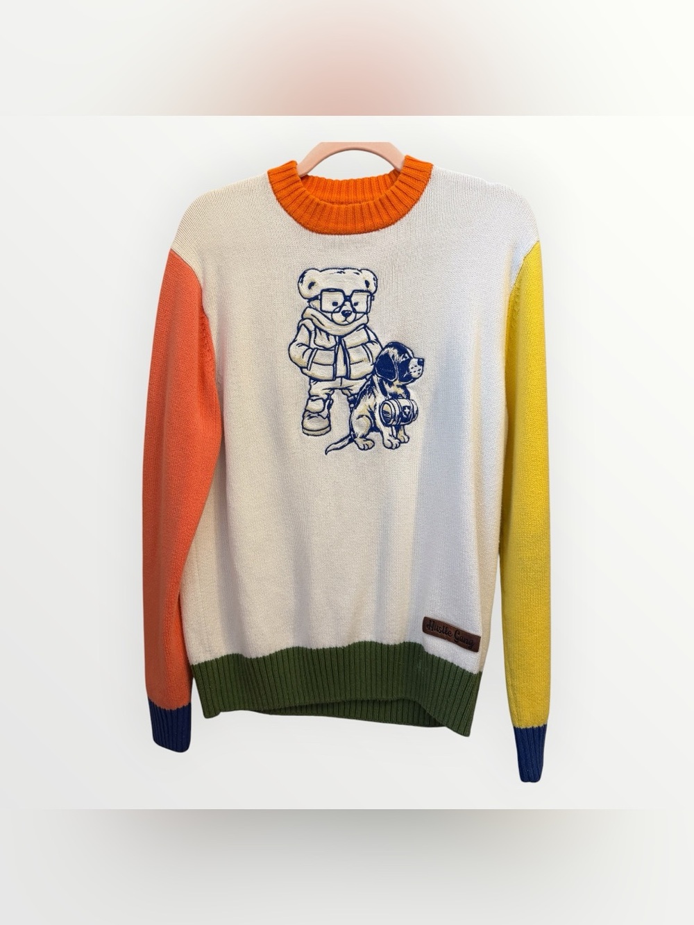 Hustle Gang Teddy Bear & Dog Colorblock Knit Sweater Adult M Y2K Streetwear